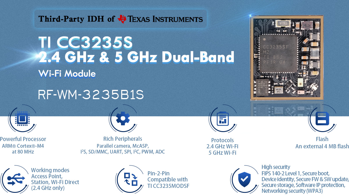Caratteristiche del modulo Wi-Fi dual-band CC3235S da 2,4 GHz e 5 GHz RF-WM-3235B1S