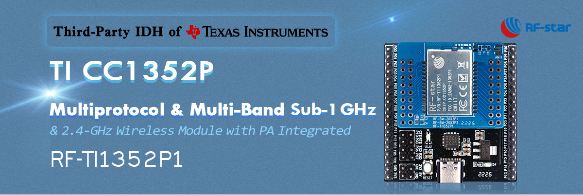 Modulo wireless multiprotocollo e multibanda sub-1 GHz e 2,4 GHz TI CC1352P con PA integrato RF-TI1352P1